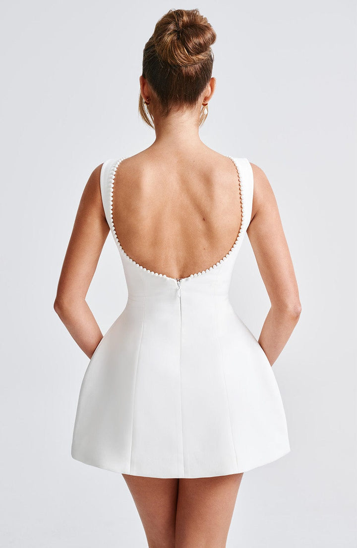 Amber | Mini Wedding Guest Dress with Pearl Trim and A-Line Cut