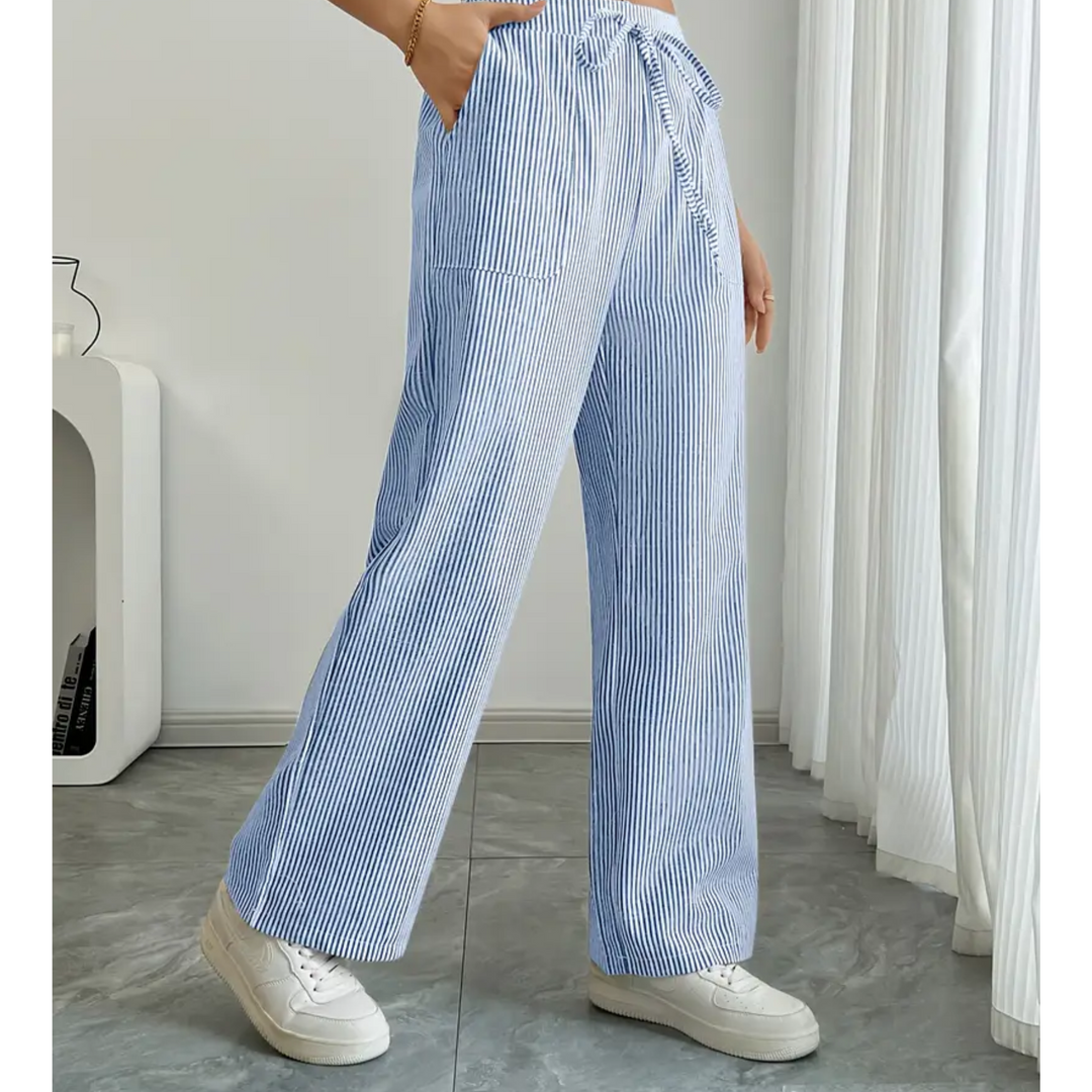 Sandy | Wide Leg Trousers with Striped Print and Drawstring Waist