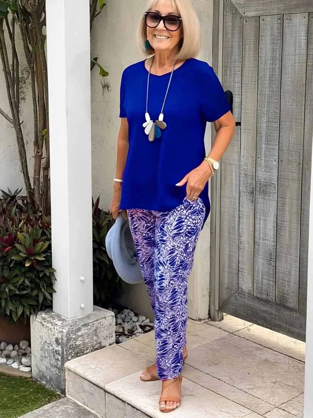 Vera | Matching Set with Abstract Print Trousers and Short Sleeve Top