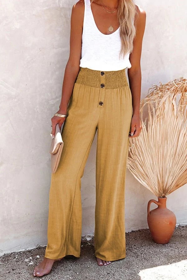 Ivy | Wide Leg Trousers with Smocked Waist and Button Detail