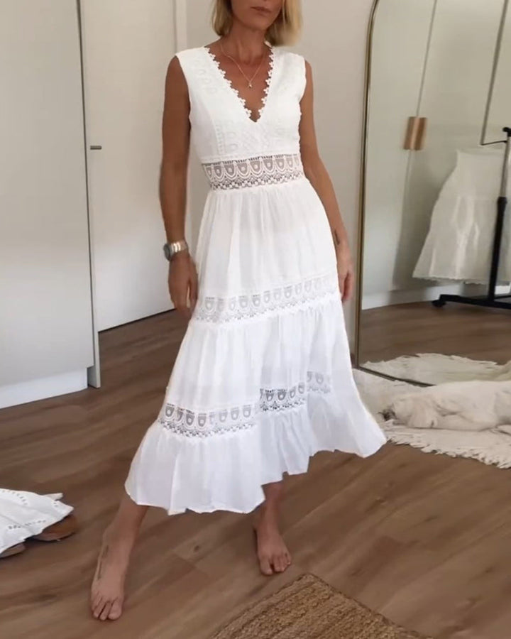 Jenna | Midi Wedding Guest Dress with V-Neck and Lace Detail