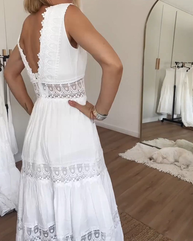 Jenna | Midi Wedding Guest Dress with V-Neck and Lace Detail