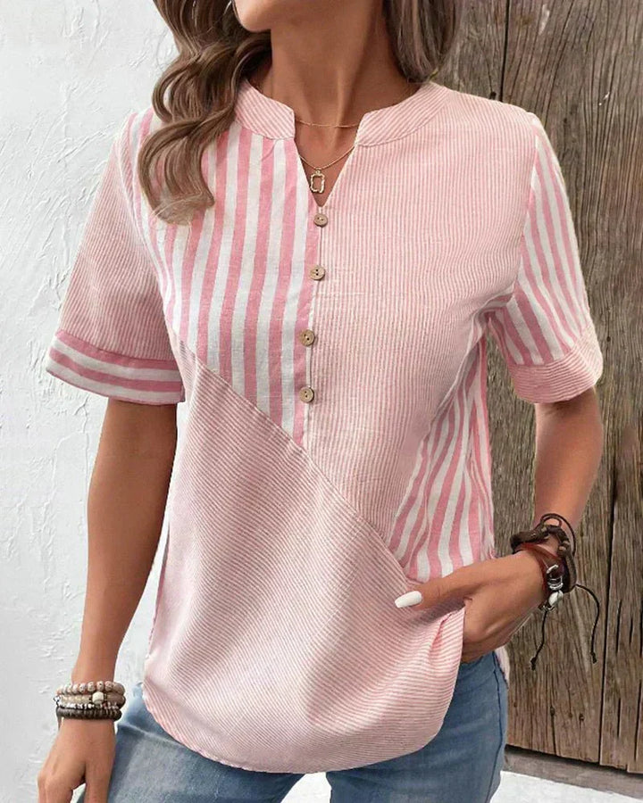 Nia | Striped Top with V Neckline and Button Detail