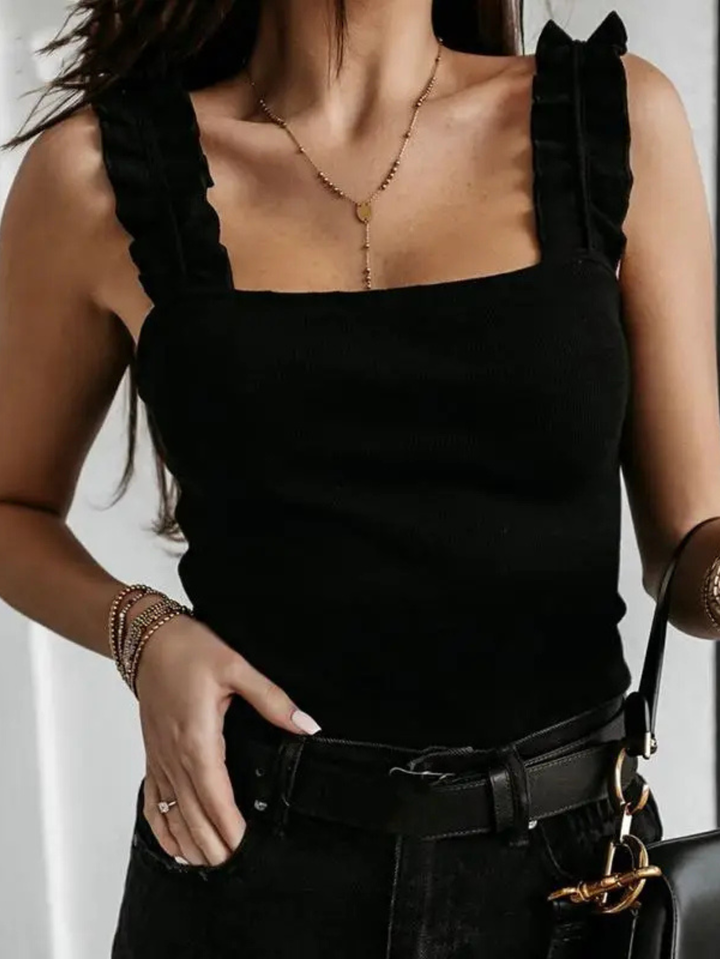 Faye | Ribbed Tank Top with Square Neck and Ruffle Straps