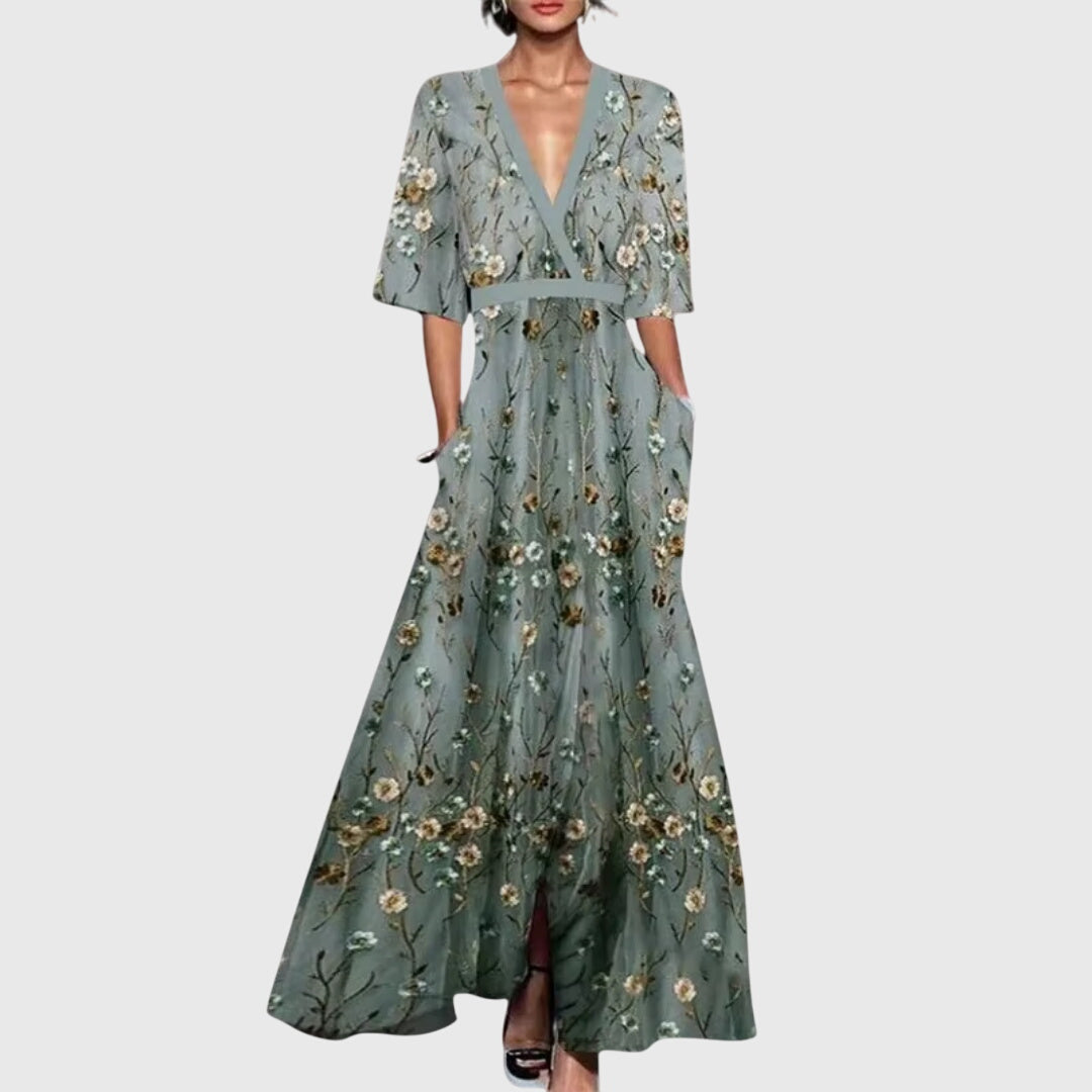 Candice | Maxi Wedding Guest Dress with V-Neck Wrap and Floral Print