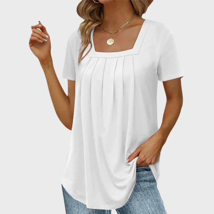 Demi | Pleated Front Top with Square Neck and Short Sleeves