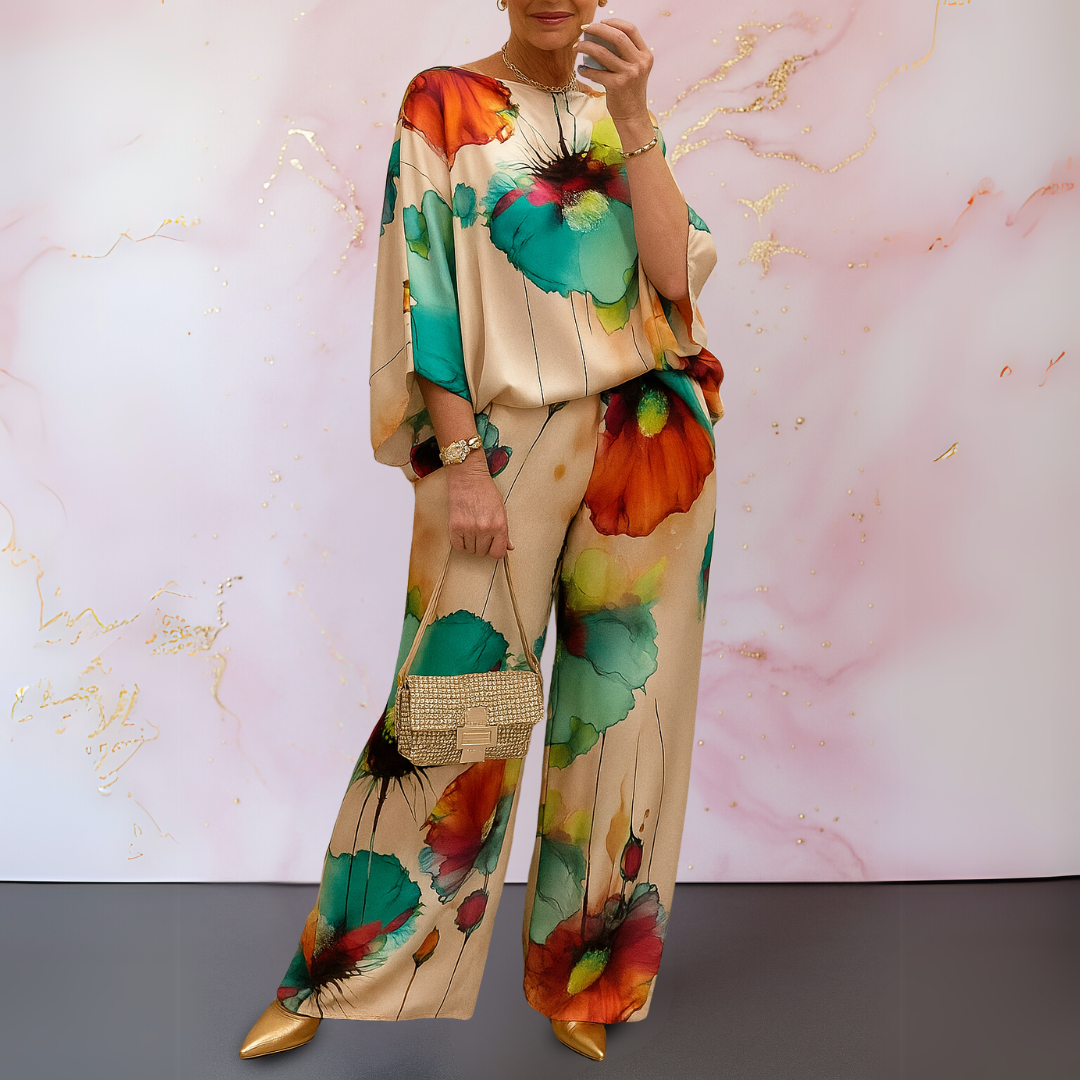 Lydia | Matching Set with Abstract Print and Wide Leg Trousers