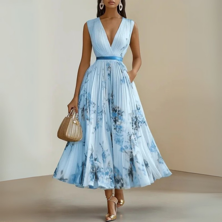 Nora | Maxi Wedding Guest Dress with Floral Print and Pleated Skirt