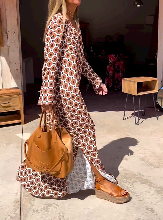 Xena | Maxi Summer Dress with Geometric Print and Long Sleeves
