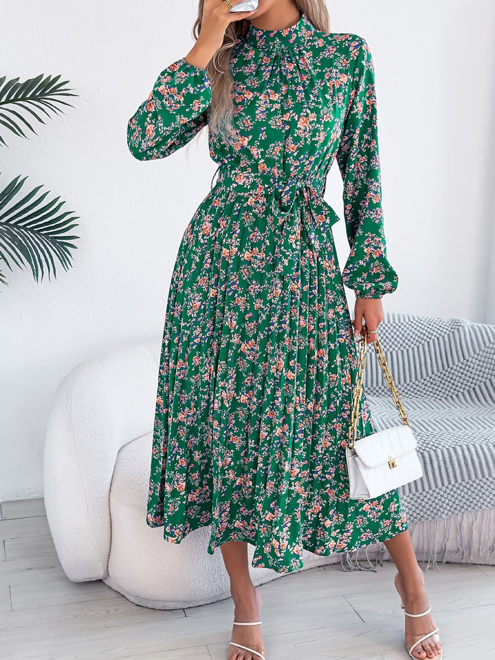Sky | Midi Wedding Guest Dress with Floral Print and Long Sleeves