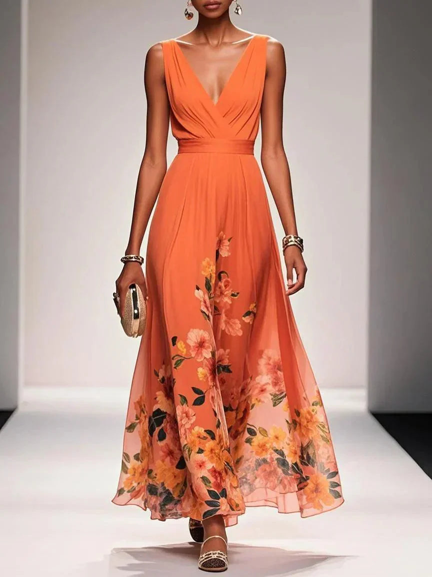 Ana | Maxi Wedding Guest Dress with Floral Print and V-Neck