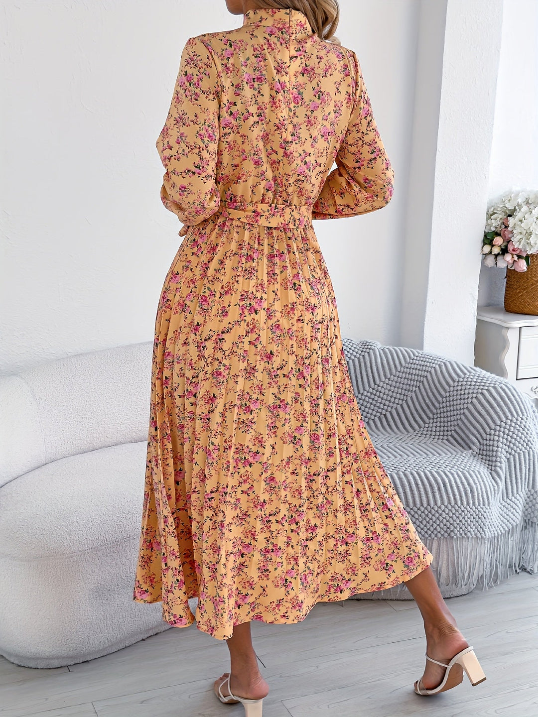 Sky | Midi Wedding Guest Dress with Floral Print and Long Sleeves