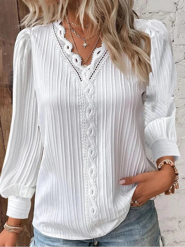 Lola | Lace Trim Blouse with V-Neck and Long Sleeves