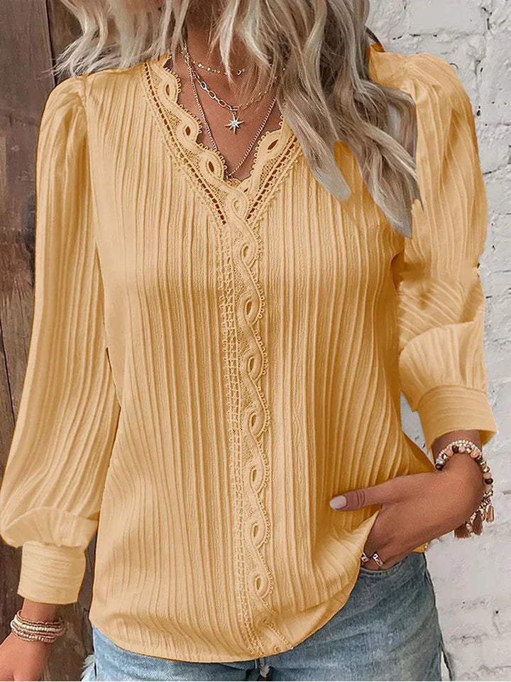 Lola | Lace Trim Blouse with V-Neck and Long Sleeves