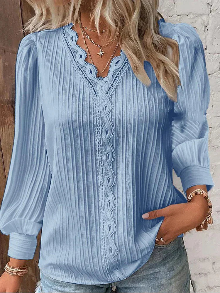 Lola | Lace Trim Blouse with V-Neck and Long Sleeves