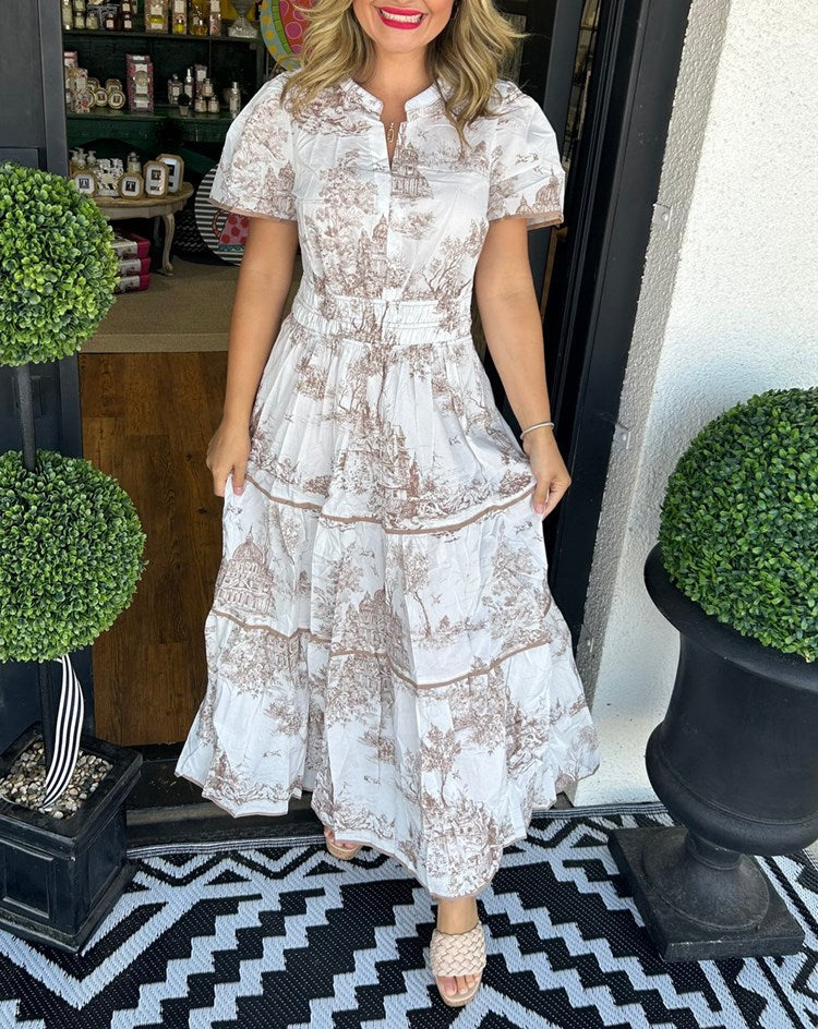 Nova | Midi Shirt Dress with Toile Print and Tiered Skirt