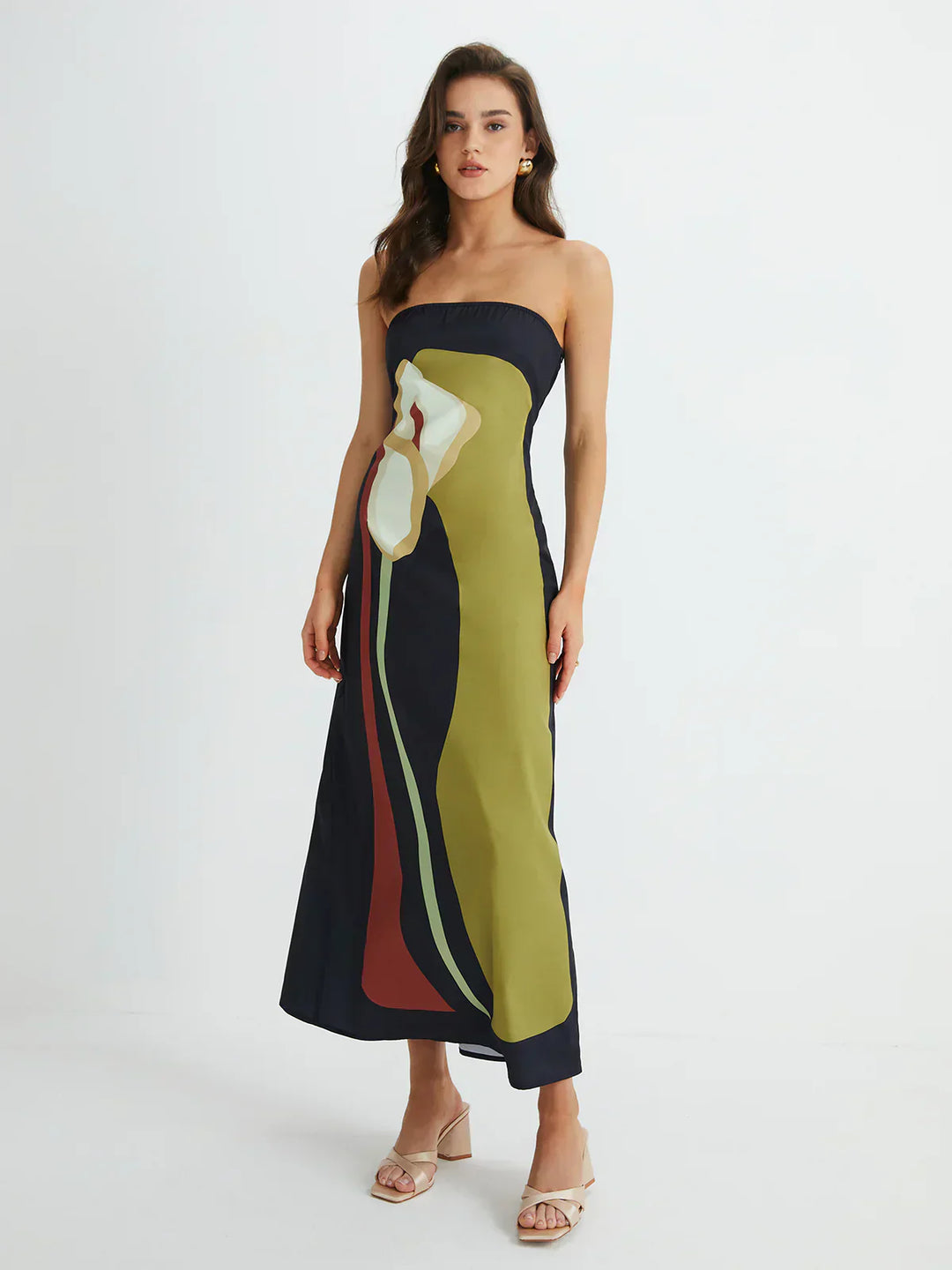 Helen | Maxi Wedding Guest Dress with Strapless Bodice and Abstract Print