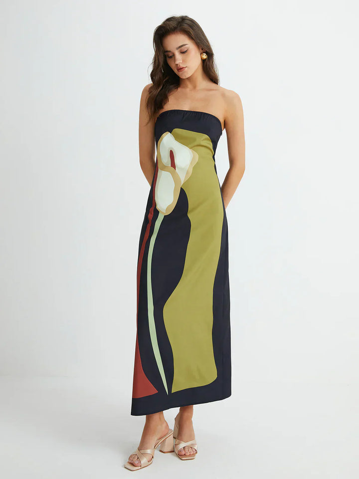 Helen | Maxi Wedding Guest Dress with Strapless Bodice and Abstract Print