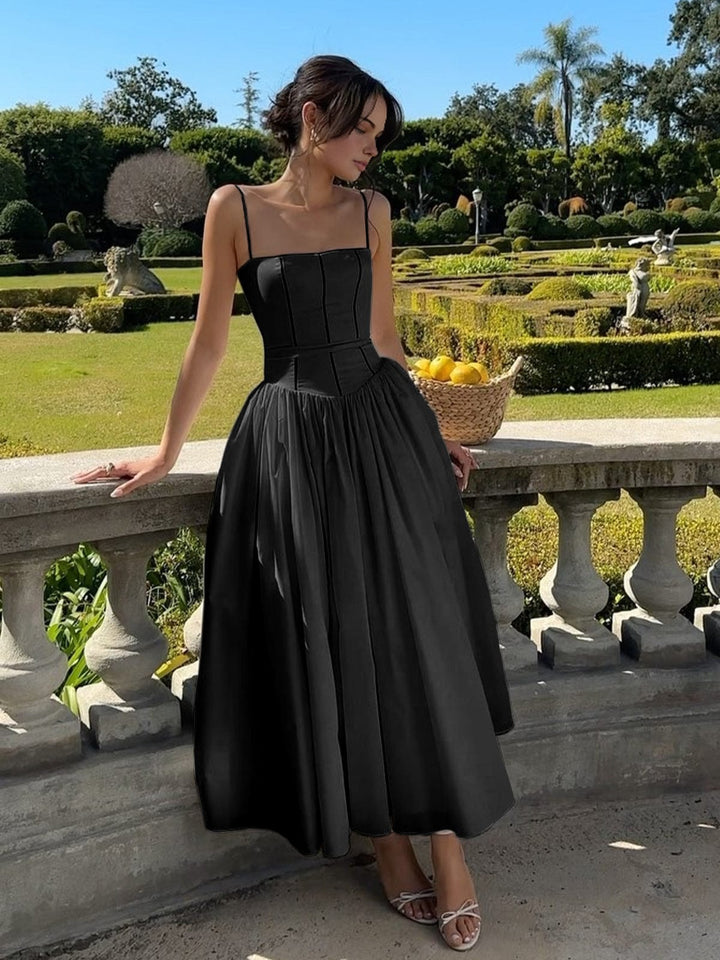 Caroline | Midi Wedding Guest Dress with Corset Bodice and Square Neck