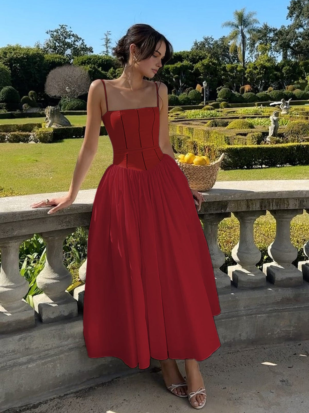 Caroline | Midi Wedding Guest Dress with Corset Bodice and Square Neck