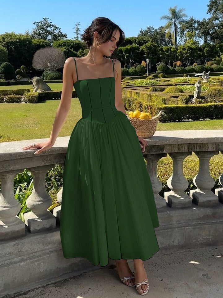 Caroline | Midi Wedding Guest Dress with Corset Bodice and Square Neck