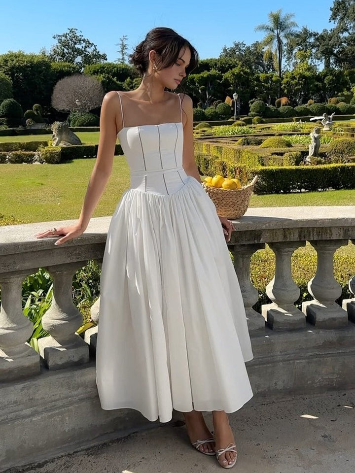 Caroline | Midi Wedding Guest Dress with Corset Bodice and Square Neck