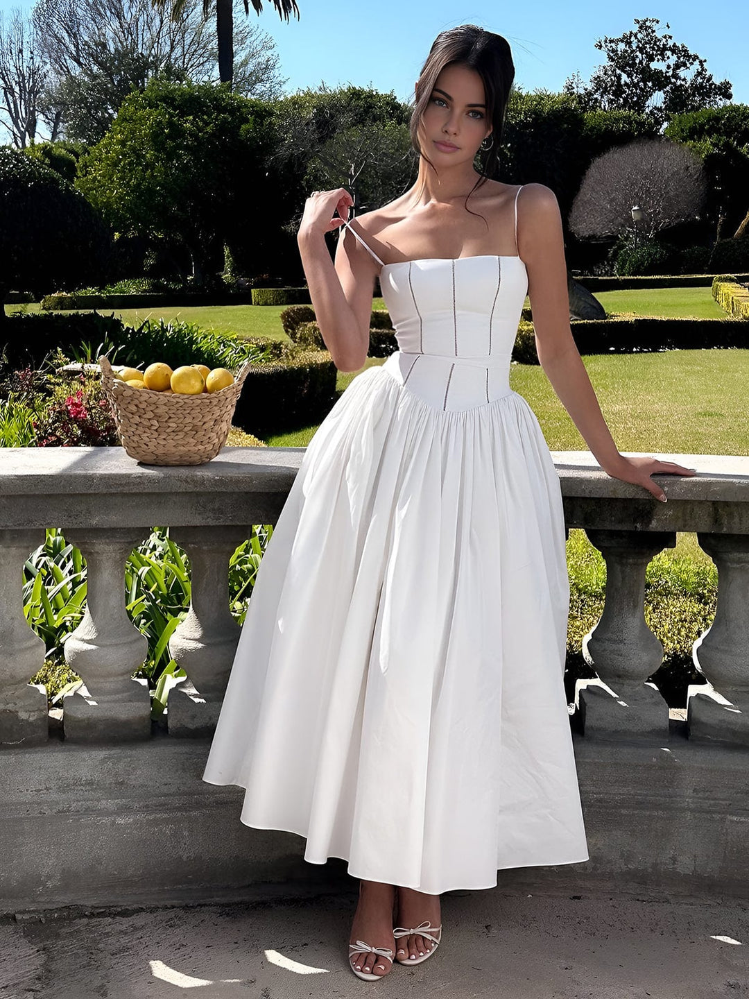 Caroline | Midi Wedding Guest Dress with Corset Bodice and Square Neck