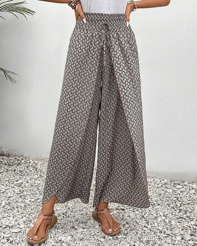 Wia | Floral Print Wide-Leg Trousers with Smocked Waist and Ditsy Print