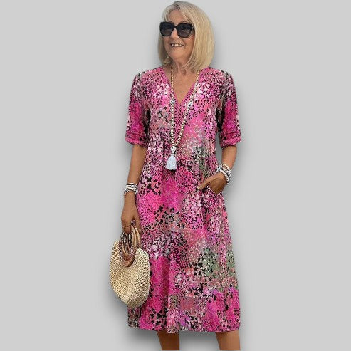 Vera | Midi Summer Dress with Boho Print and V-Neck
