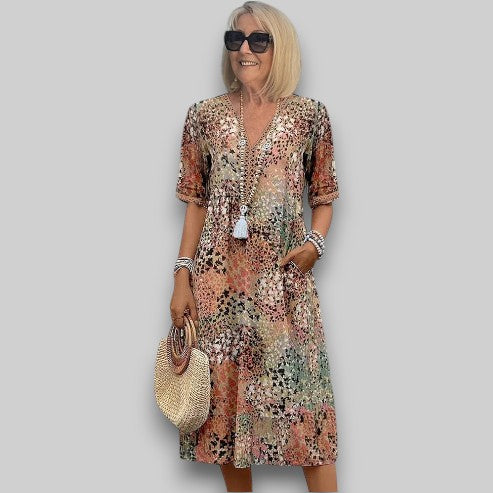 Vera | Midi Summer Dress with Boho Print and V-Neck