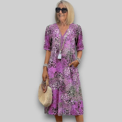 Vera | Midi Summer Dress with Boho Print and V-Neck