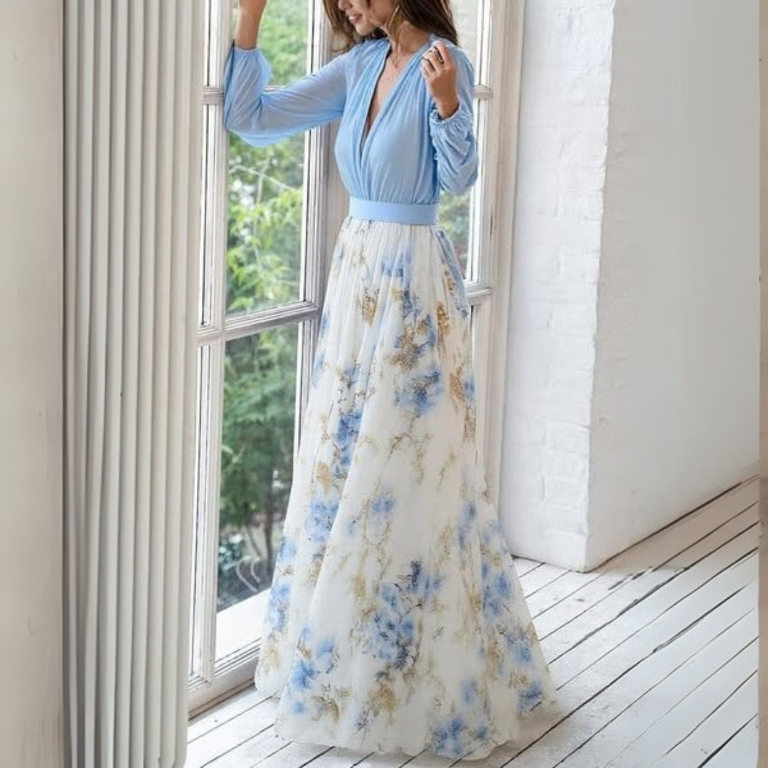 Chloe | Maxi Wedding Guest Dress with Floral Print and V-Neck