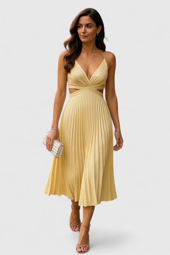 Yasmine | Midi Wedding Guest Dress with V-Neck and Pleated Skirt