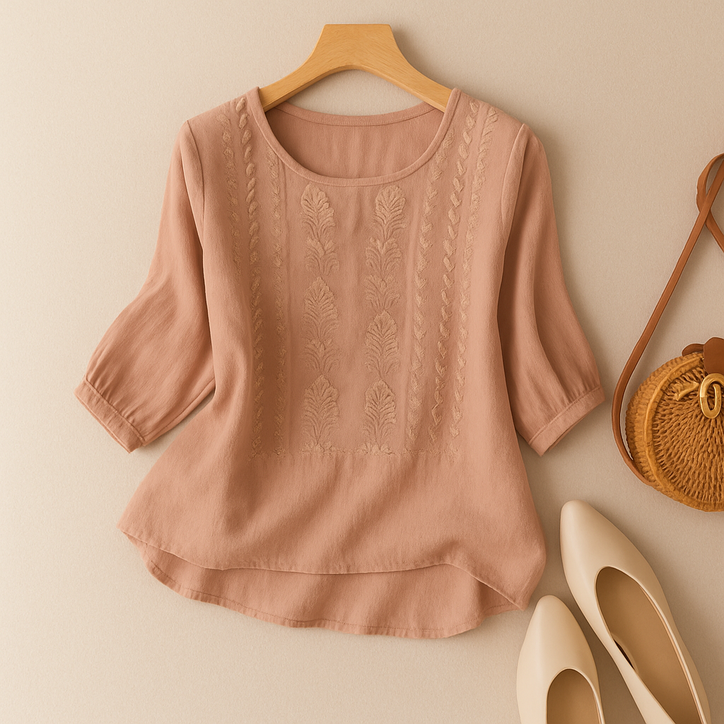 Vera | Embroidered Blouse with Round Neckline and Three Quarter Sleeves