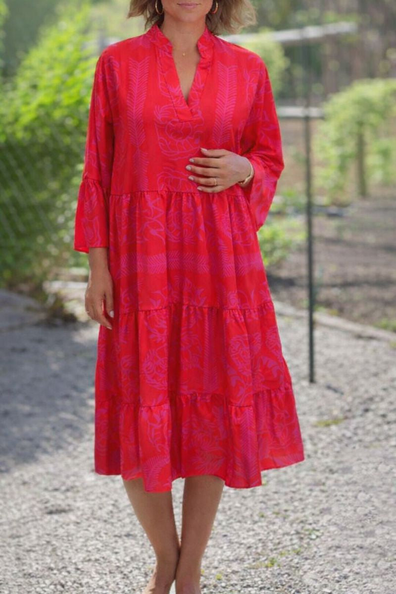 Penelope | Midi Summer Dress with Tropical Print and Flared Sleeves
