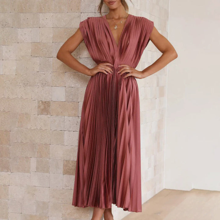 Alexis | Midi Wedding Guest Dress with V-Neck and Pleated Skirt