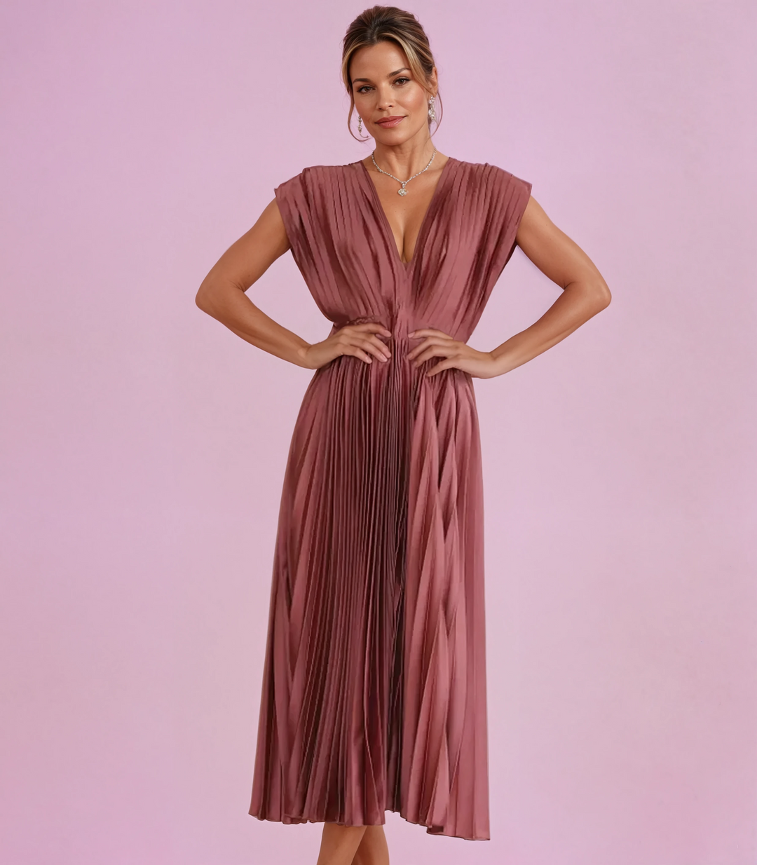 Alexis | Midi Wedding Guest Dress with V-Neck and Pleated Skirt