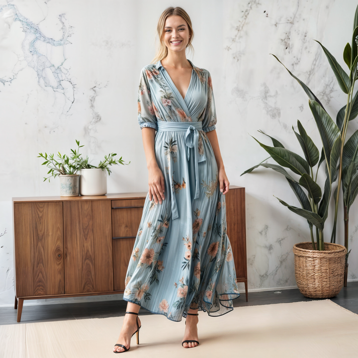 Nicola | Midi Wedding Guest Dress with V-Neck Wrap and Floral Print