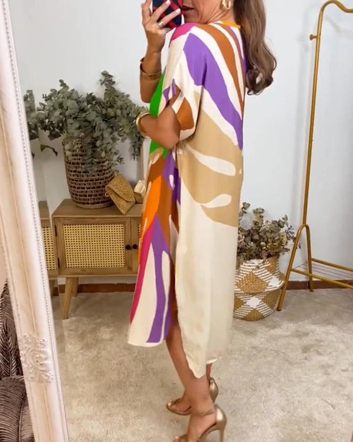 Lisa | Midi Summer Dress with Abstract Print and Batwing Sleeves