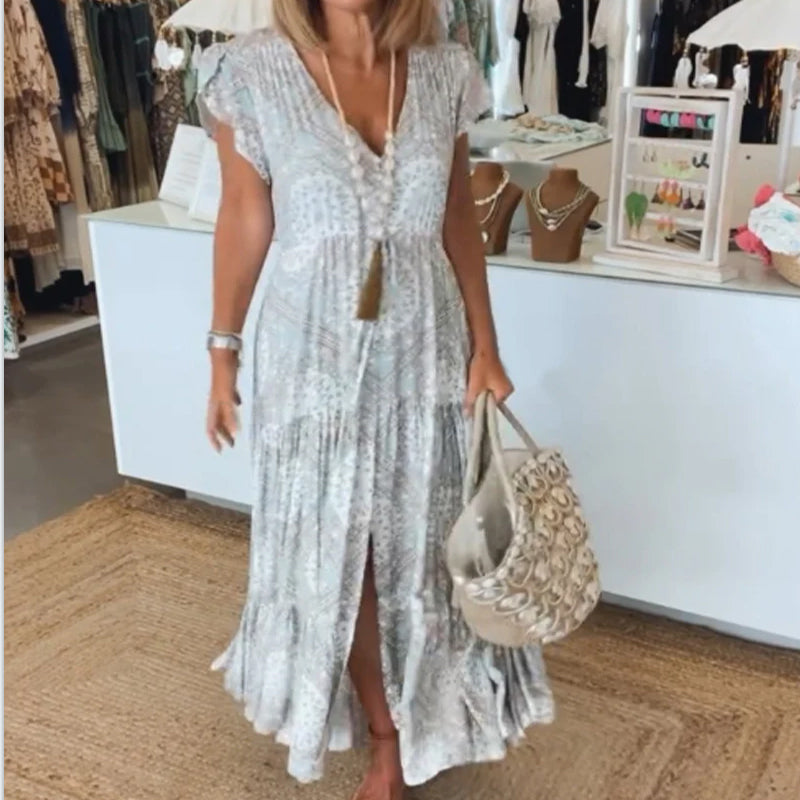 Melissa | Maxi Holiday Dress with Boho Print and V-Neck