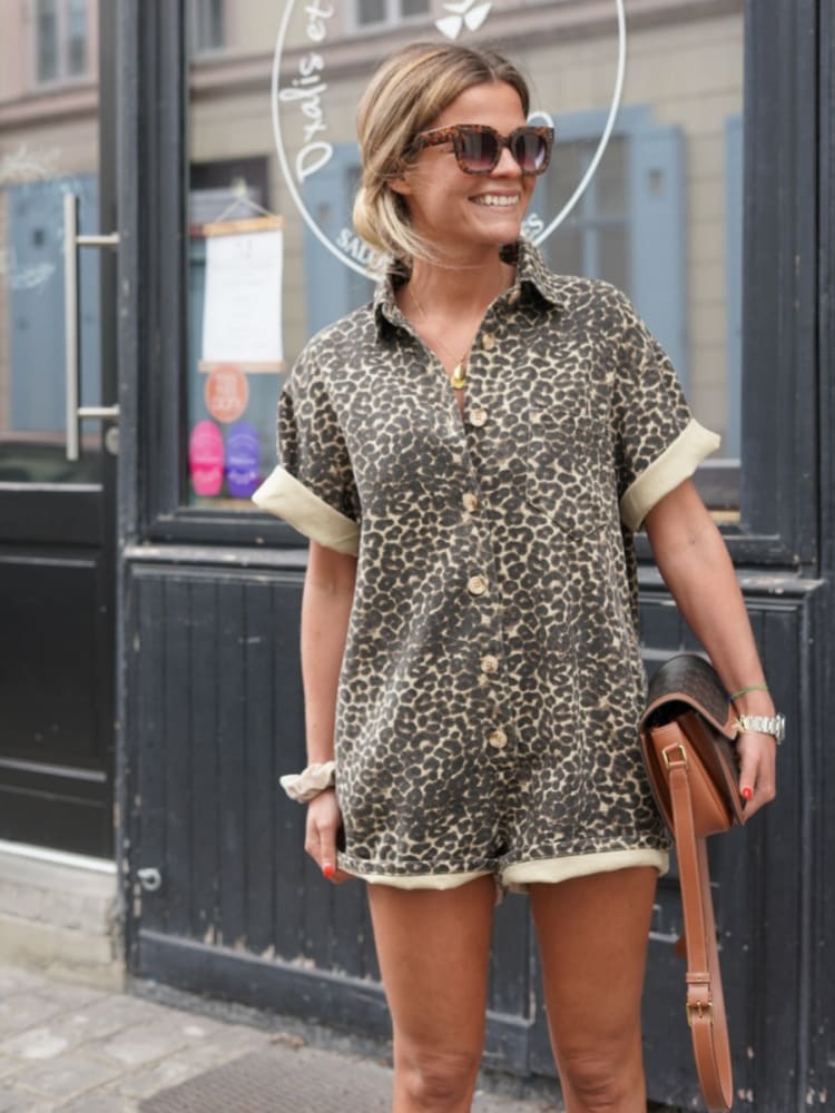 Camille | Mini Romper with Leopard Print and Collared Neck