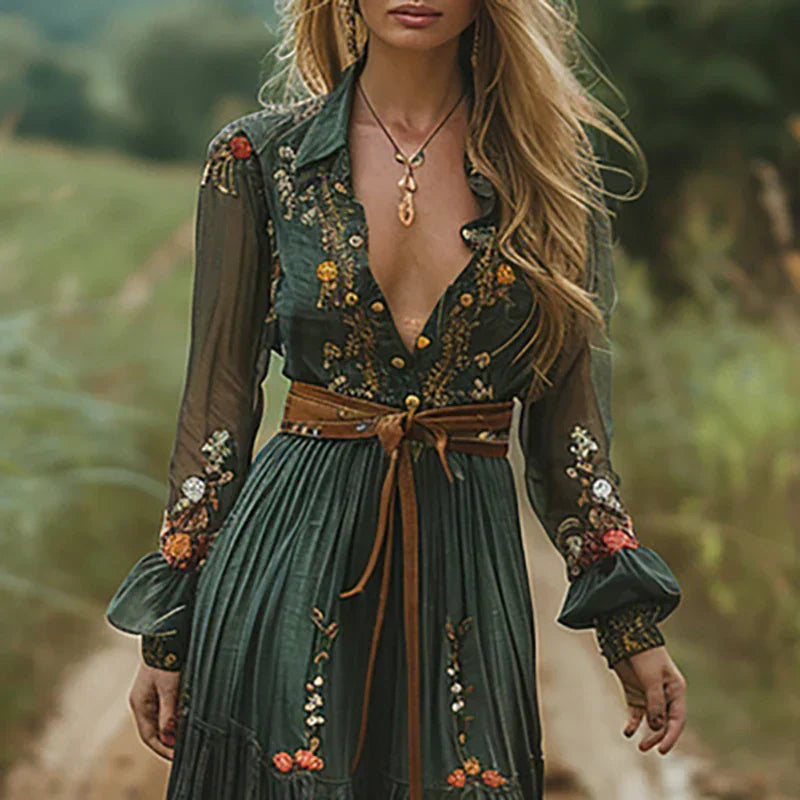 Claire | Maxi Summer Dress with Floral Embroidery and Belted Waist