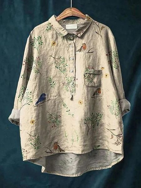 Flora | Floral Print Blouse with Shirt Collar and Long Sleeves