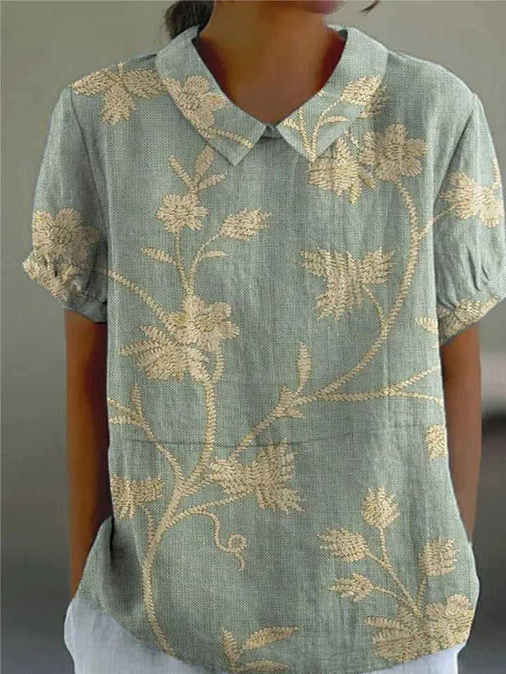 Meg | Floral Print Top with Polo Collar and Short Sleeves