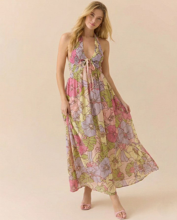 Daisy | Maxi Summer Dress with Floral Print and Halter Neckline