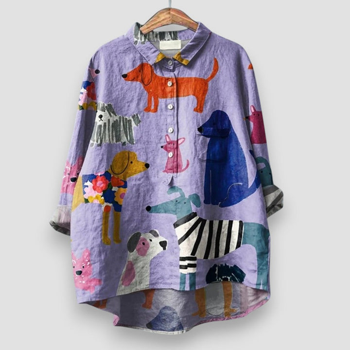 Winnie | Novelty Print Blouse with Button Front and Long Sleeves