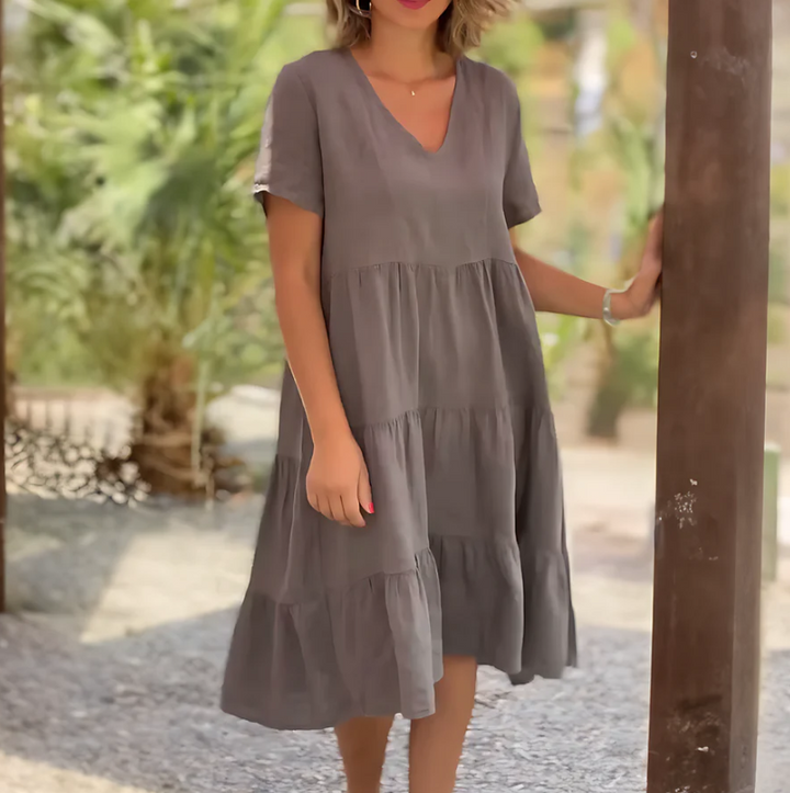 Jane | Midi Summer Dress with V-Neck and Tiered Skirt