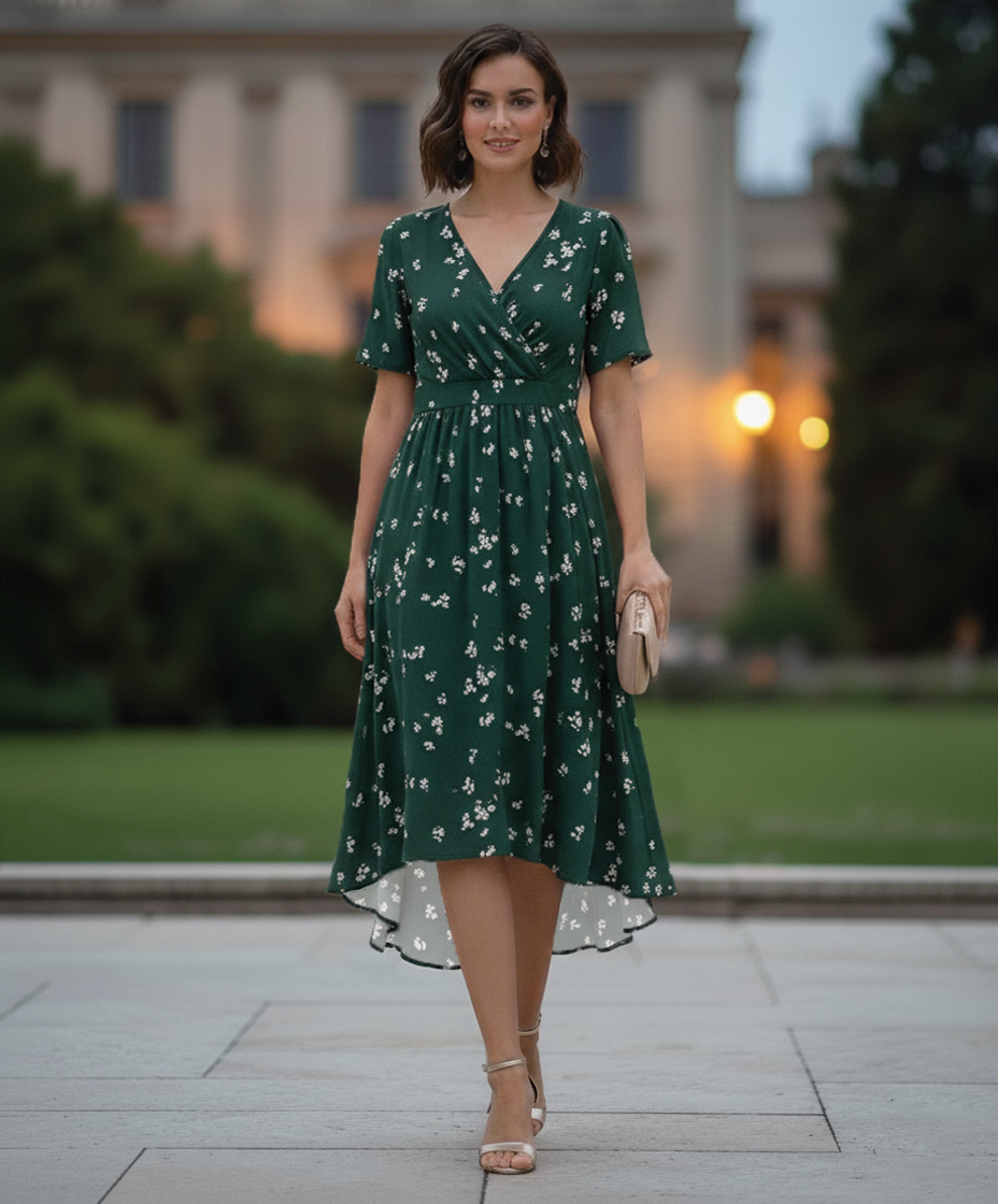 Kathy | Midi Summer Dress with Floral Print and V-Neck Wrap