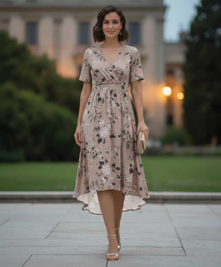 Kathy | Midi Summer Dress with Floral Print and V-Neck Wrap