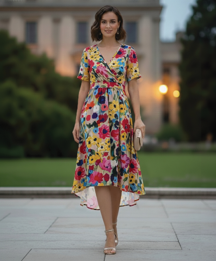 Kathy | Midi Summer Dress with Floral Print and V-Neck Wrap